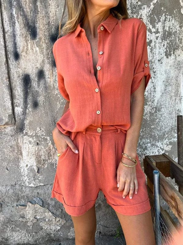 Damen Zweiteiliges Sommer Set mit Knopfleiste und Hemdkragen