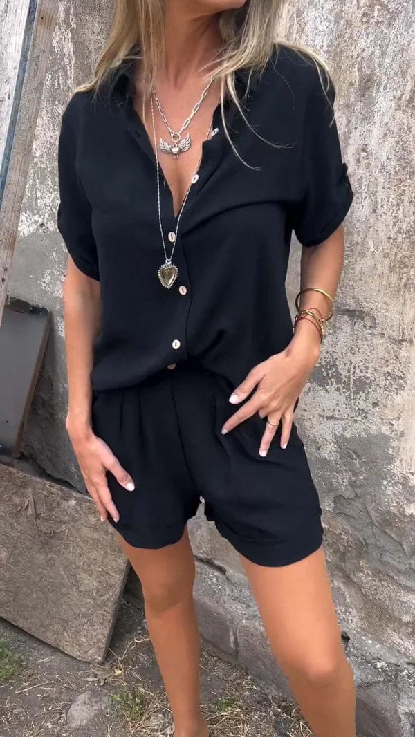 Damen Zweiteiliges Sommer Set mit Knopfleiste und Hemdkragen