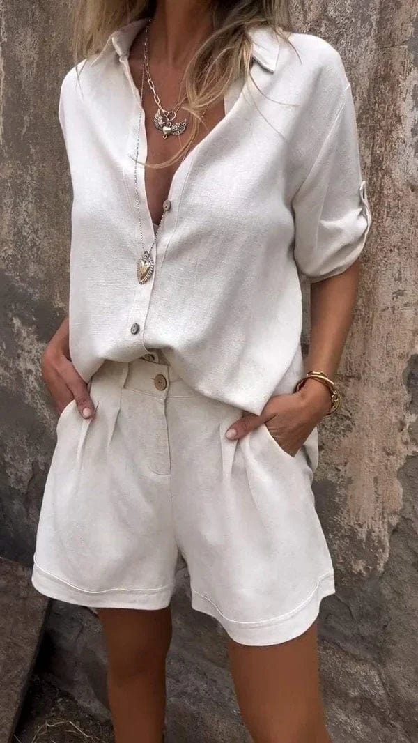 Damen Zweiteiliges Sommer Set mit Knopfleiste und Hemdkragen