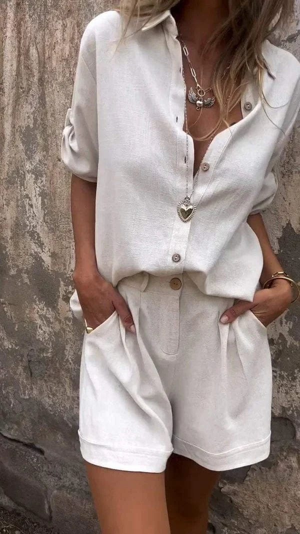 Damen Zweiteiliges Sommer Set mit Knopfleiste und Hemdkragen