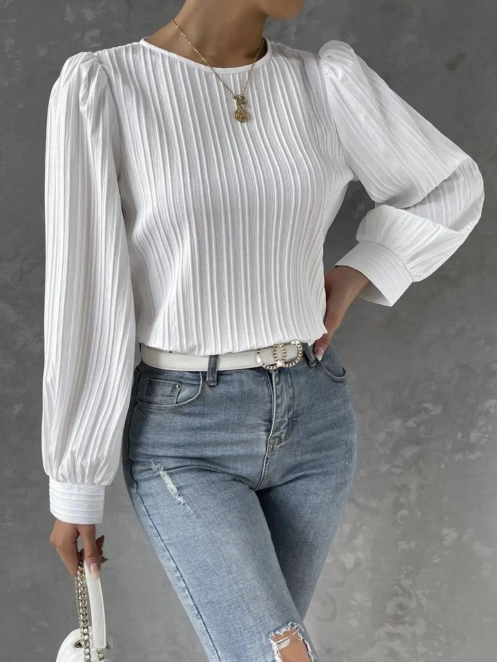 Damenbluse mit langen Ärmeln, Plissee-Struktur und Knopfverschluss hinten-Women Shirt-Alpenkind