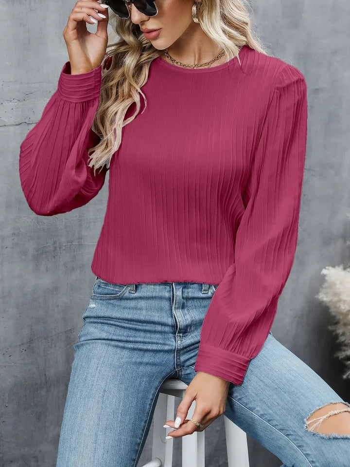Damenbluse mit langen Ärmeln, Plissee-Struktur und Knopfverschluss hinten-Women Shirt-Alpenkind