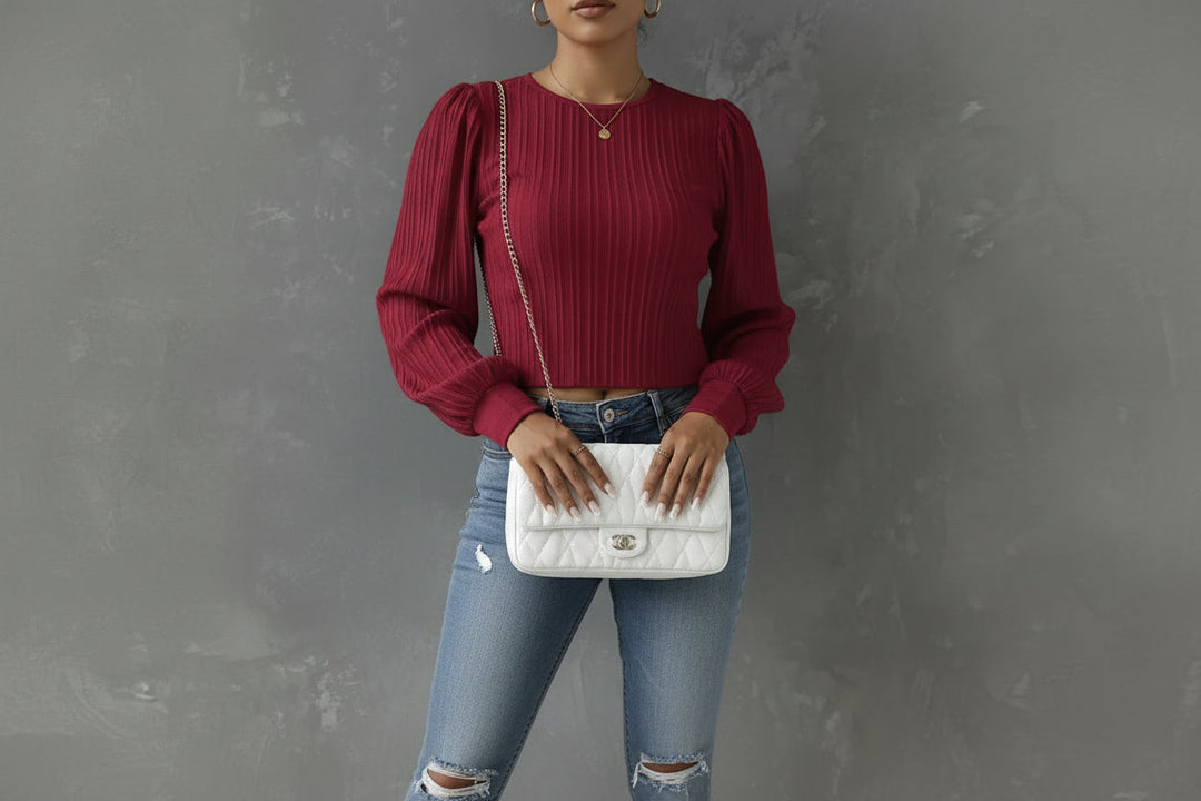 Damenbluse mit langen Ärmeln, Plissee-Struktur und Knopfverschluss hinten-Women Shirt-Alpenkind