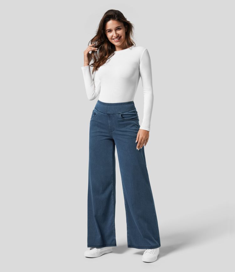 Damenhose mit hohem elastischem Bund und weitem Bein