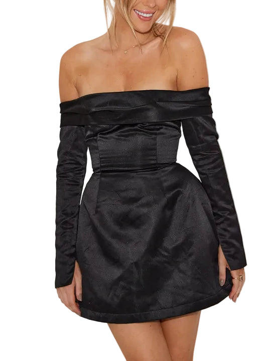 Damenkleid in Minilänge mit schulterfreiem Ausschnitt und langen Ärmeln-Mini Dress-Alpenkind