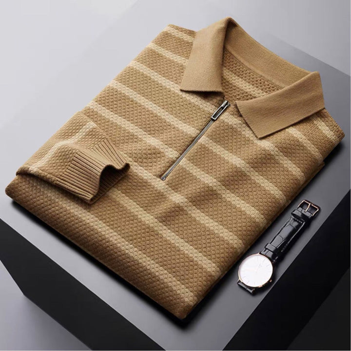 Christoph | Herren Gestreift Viertel-Reißverschluss Strick Polo-Shirt