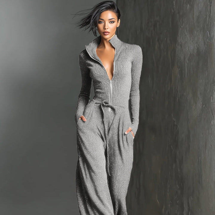 Glitzernder Strick-Jumpsuit mit weitem Bein für Damen | Reißverschluss vorne