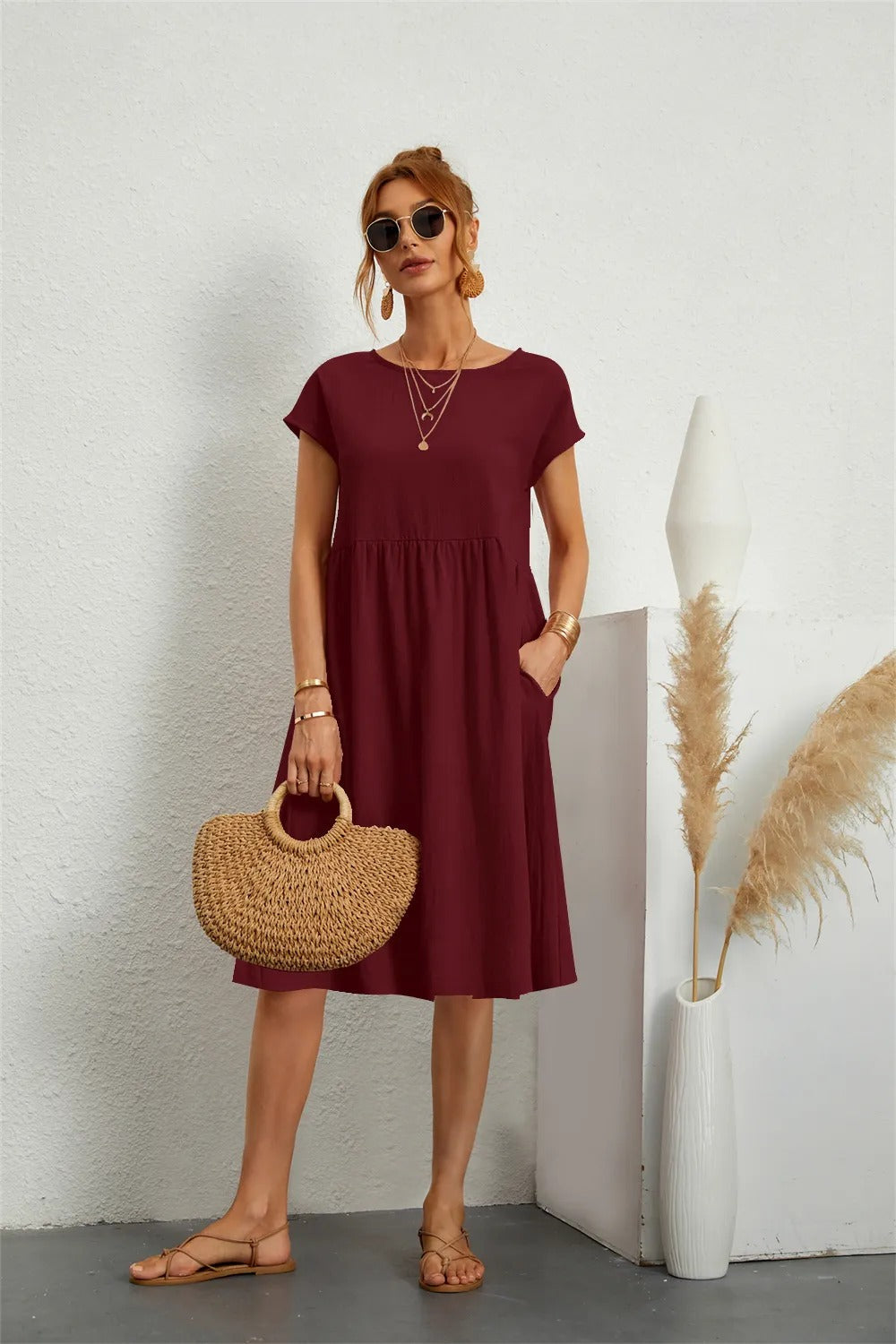 Sommerkleider Damen kurzärmelig mit Taschen