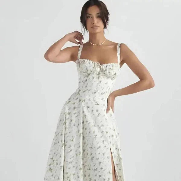 Midi-Kleid mit Blumenmuster für Damen | Korsett mit Seitenschlitz