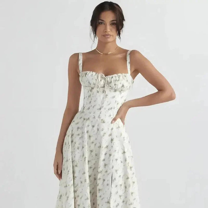Midi-Kleid mit Blumenmuster für Damen | Korsett mit Seitenschlitz