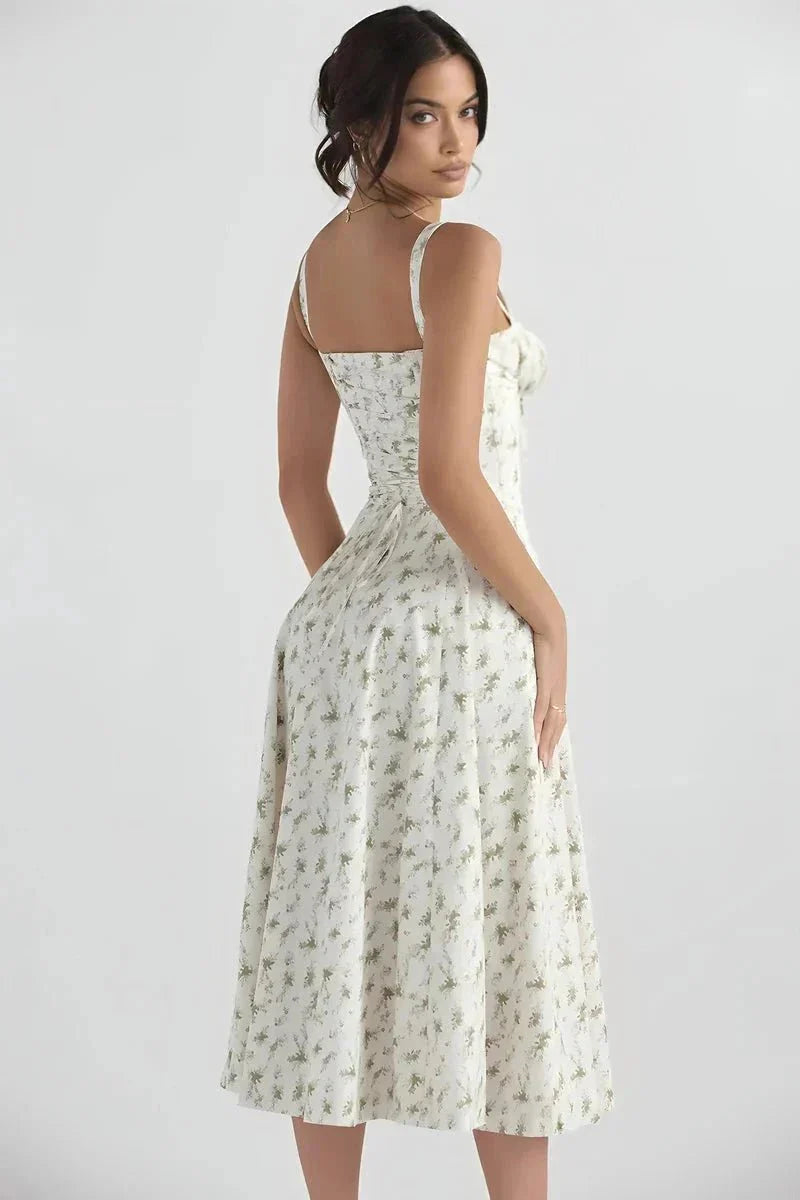Midi-Kleid mit Blumenmuster für Damen | Korsett mit Seitenschlitz