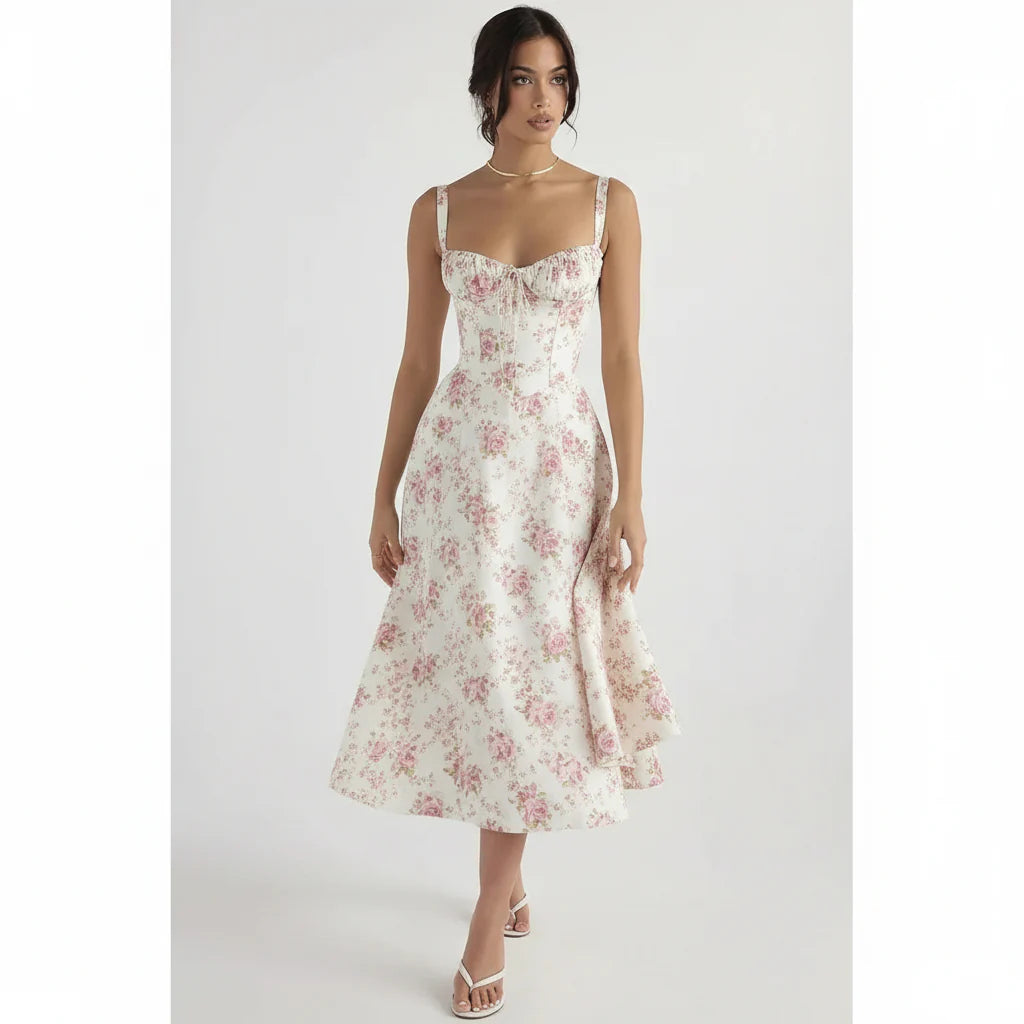 Linsay Blumenkleid – Midi-Kleid mit Korsett & Seitenschlitz