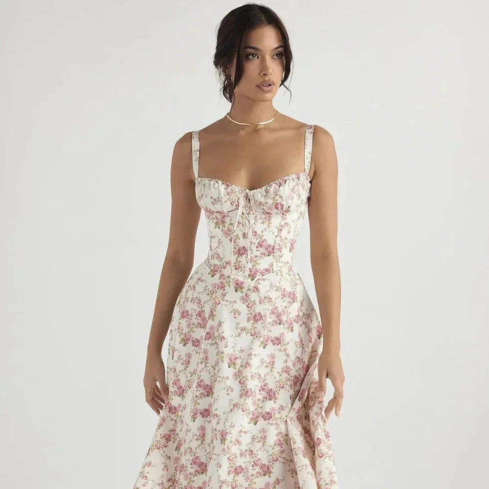 Midi-Kleid mit Blumenmuster für Damen | Korsett mit Seitenschlitz