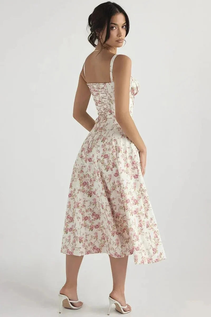 Midi-Kleid mit Blumenmuster für Damen | Korsett mit Seitenschlitz