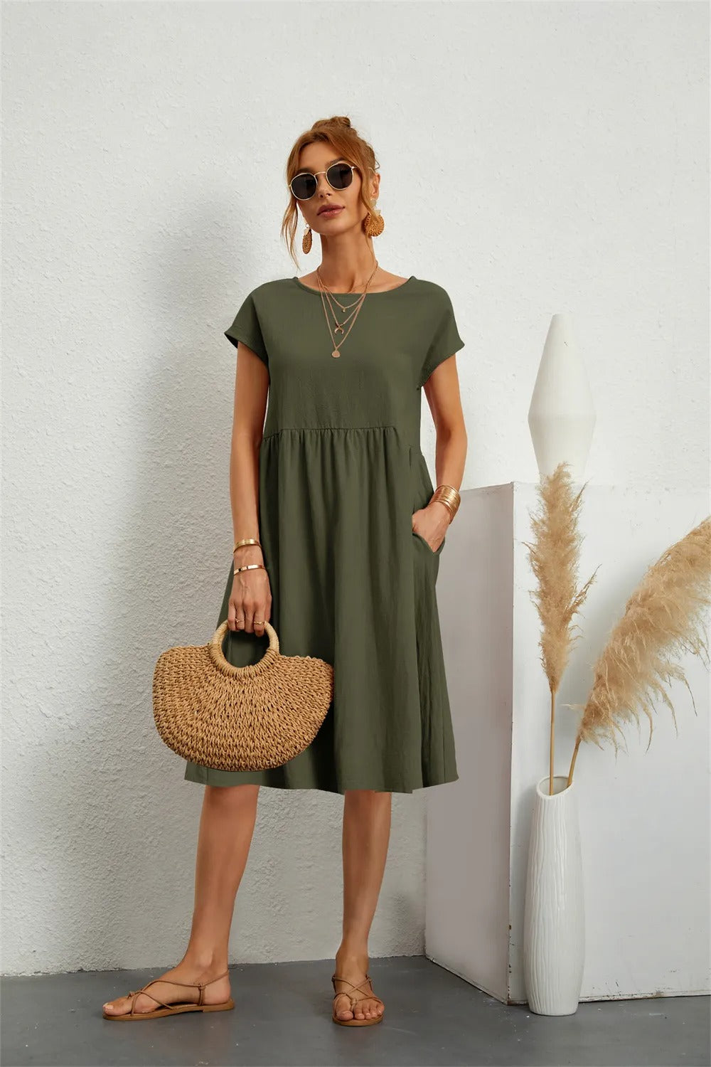 Sommerkleider Damen kurzärmelig mit Taschen