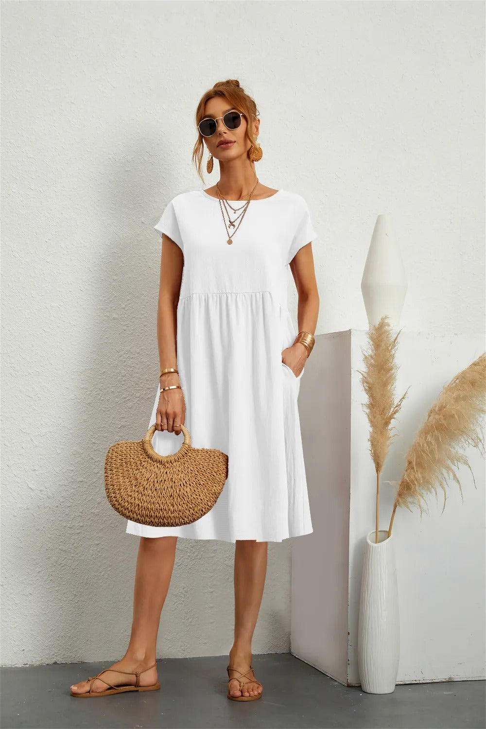 Sommerkleider Damen kurzärmelig mit Taschen