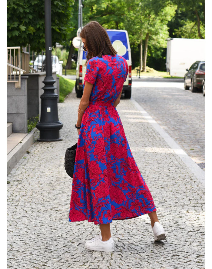 Elena – Damen Kurzarm V-Ausschnitt Midikleid