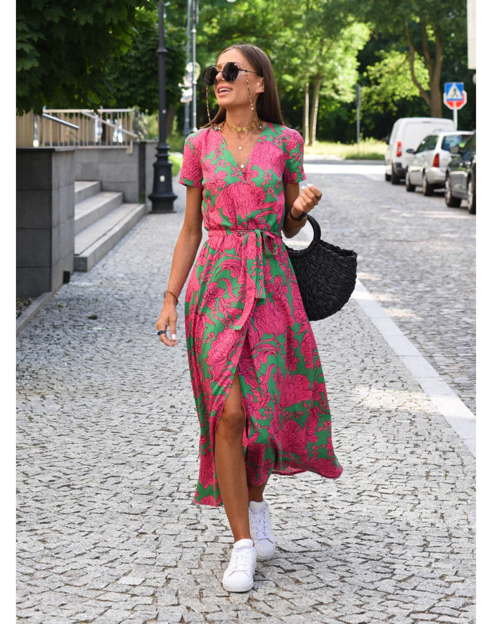 Elena – Damen Kurzarm V-Ausschnitt Midikleid