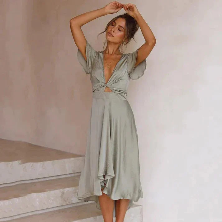 Stilvolles Midikleid Damen V-Ausschnitt Flatterärmel