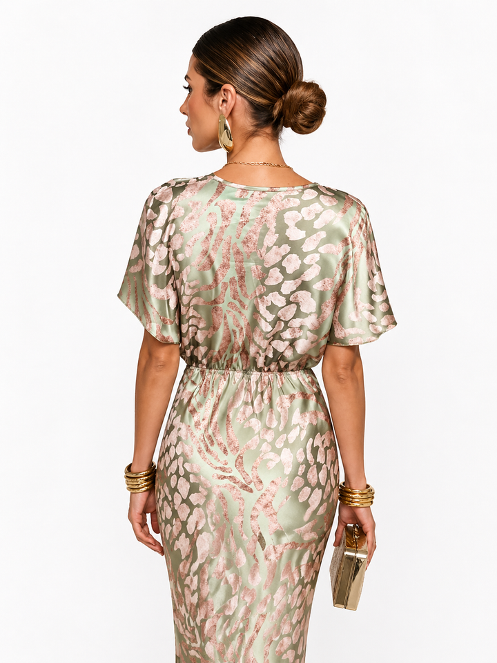 Damen Midikleid mit V-Ausschnitt, Kurzarm und Taillenknoten