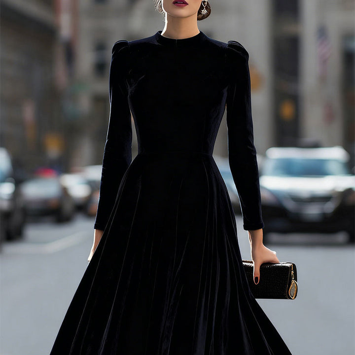 Damen-Midi-Kleid aus marineblauem Samt mit langen Ärmeln
