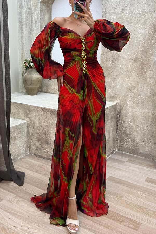 Emilia – Elegant Printed Off Shoulder Diamond Slit Maxi Dress Dress - Image 14