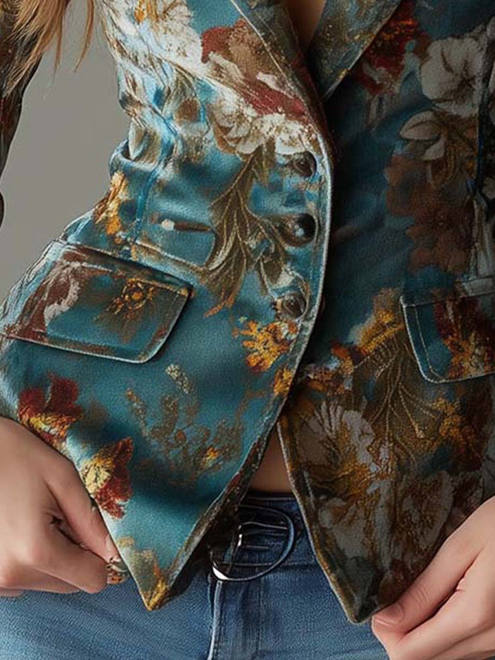 Damen-Blazer aus Samt mit Blumenmuster in Blaugrün