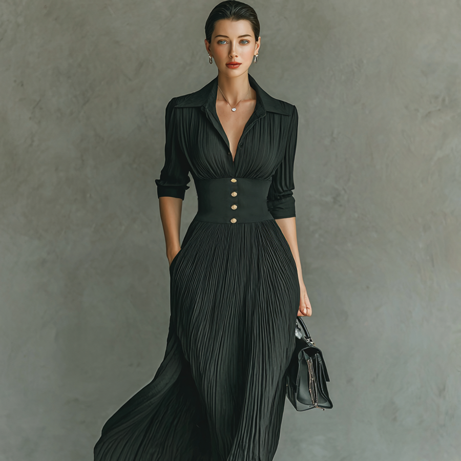 Damen-Maxikleid mit Reverskragen und Plissee-Gürtel