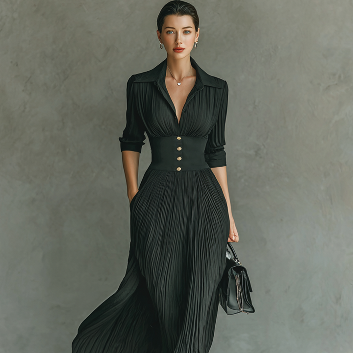 Damen-Maxikleid mit Reverskragen und Plissee-Gürtel