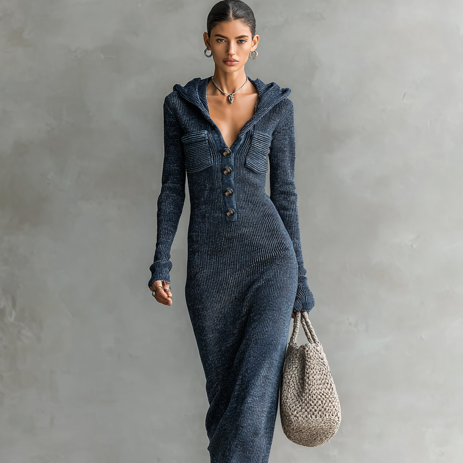 Damen-Strick-Maxikleid mit Kapuze