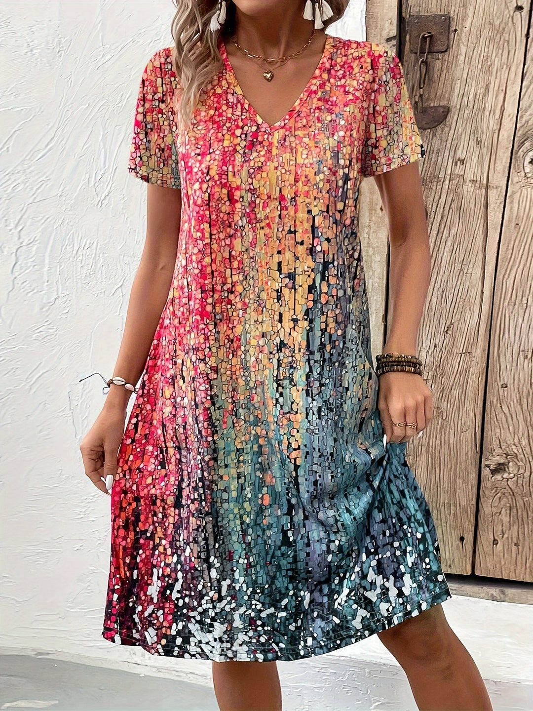 Damenkleid kurzarm V-Ausschnitt Print