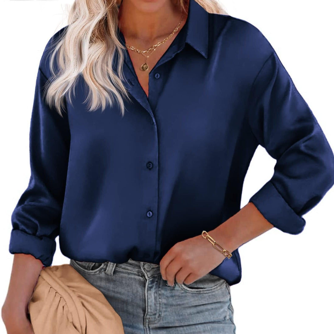 Damen Satinbluse Knopfverschluss Lange Ärmel