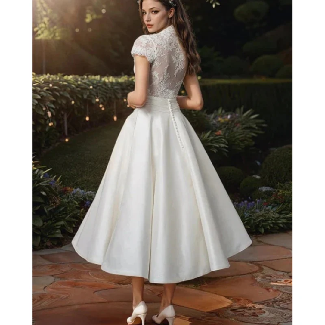 Emilia | Damen Hochzeitskleid Midi Mit V-Ausschnitt