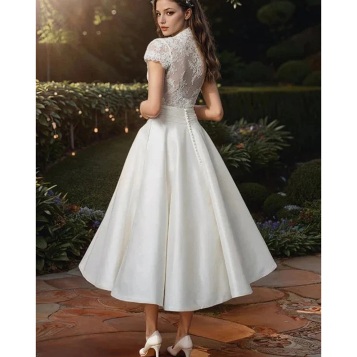 Emilia | Damen Hochzeitskleid Midi Mit V-Ausschnitt