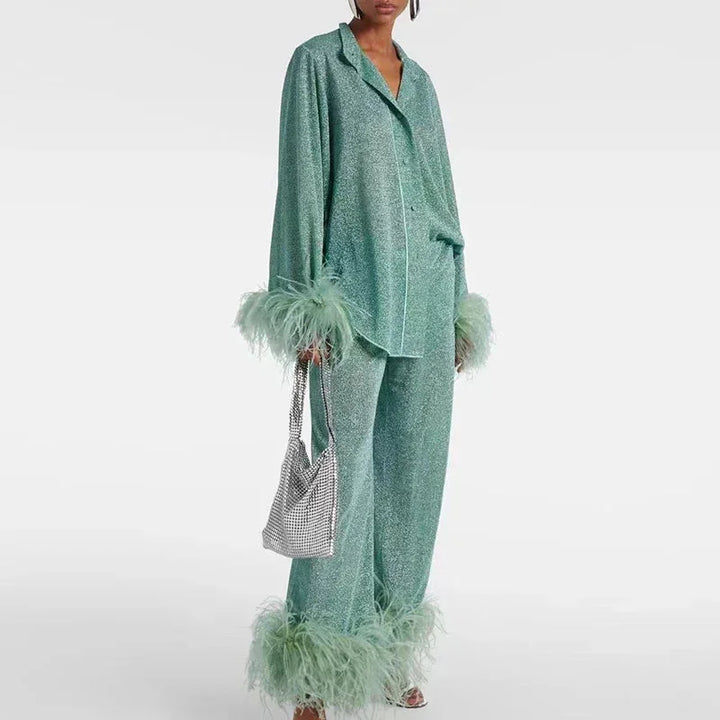 Glitzer Abendkleid Set mit Federärmeln & Hosenbeinen