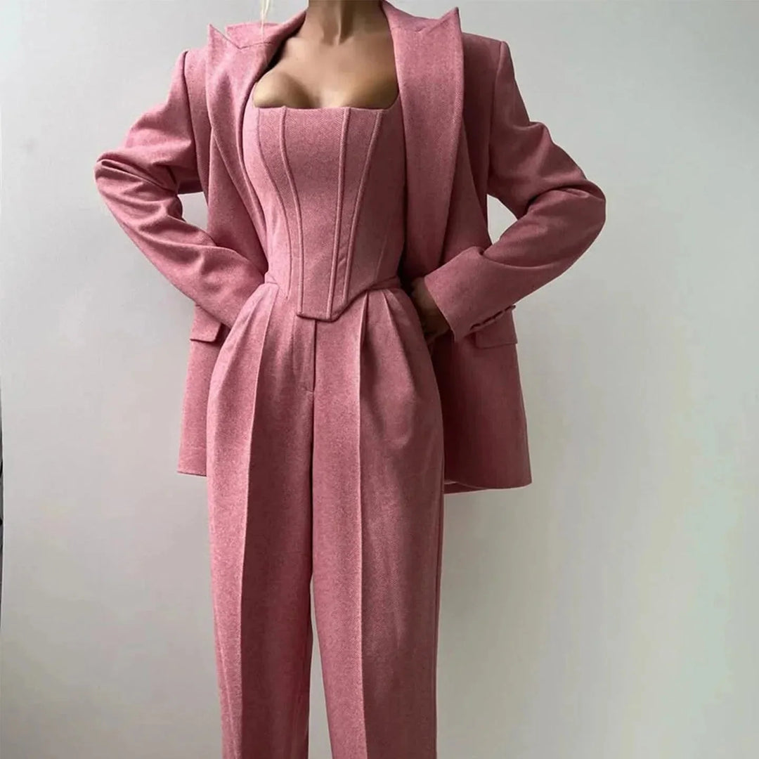 3-teiliges, tailliertes Set für Damen: Oberteil, Rock und Blazer