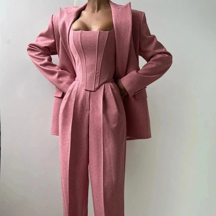 3-teiliges, tailliertes Set für Damen: Oberteil, Rock und Blazer
