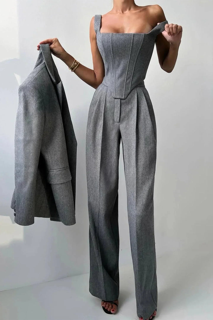 3-teiliges, tailliertes Set für Damen: Oberteil, Rock und Blazer