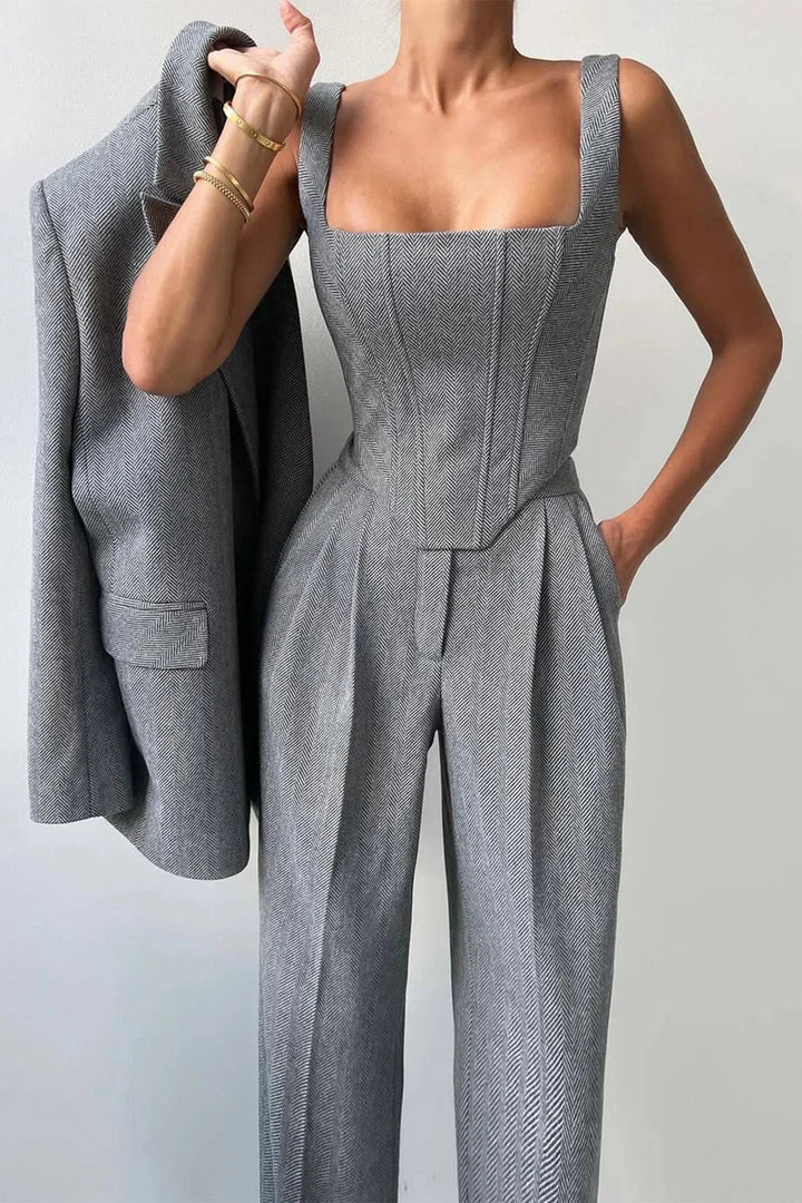 3-teiliges, tailliertes Set für Damen: Oberteil, Rock und Blazer