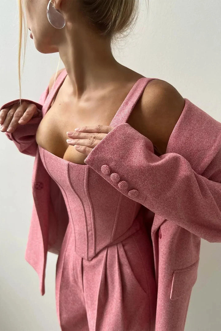 3-teiliges, tailliertes Set für Damen: Oberteil, Rock und Blazer