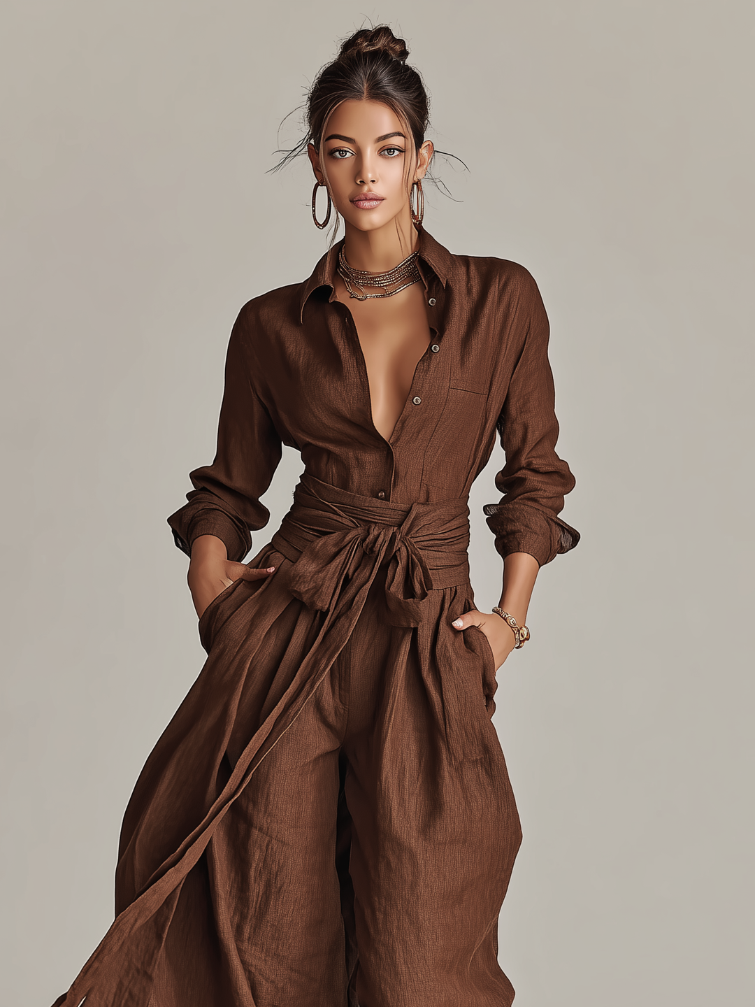 Damen-Jumpsuit aus Leinenmischung mit Gürtel und Hemdkragen