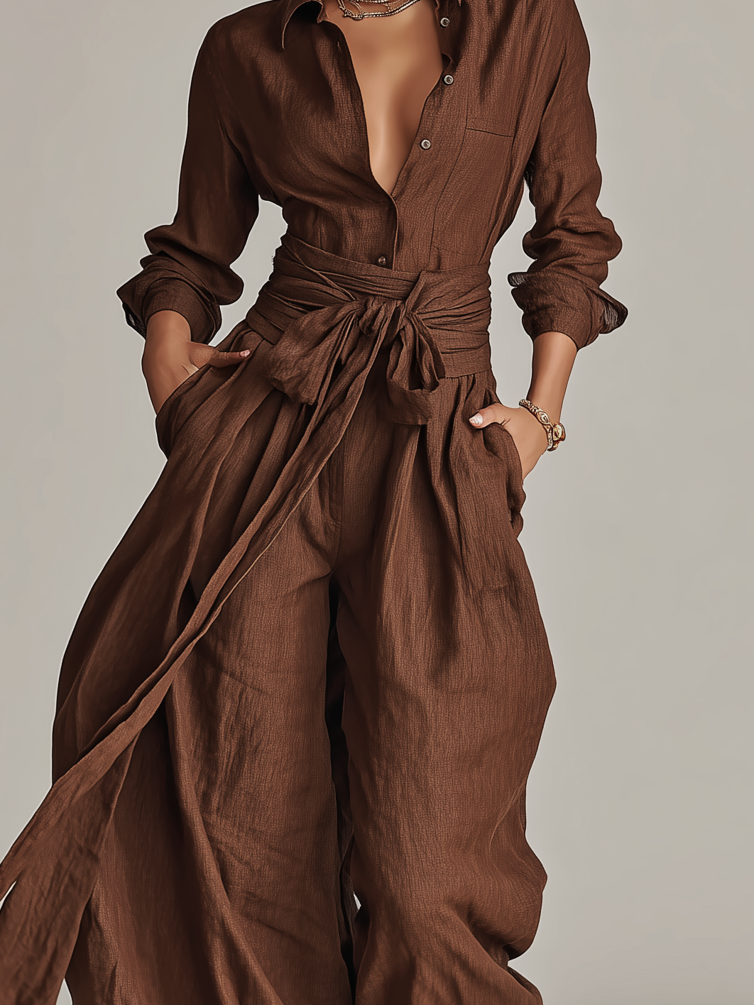 Damen-Jumpsuit aus Leinenmischung mit Gürtel und Hemdkragen