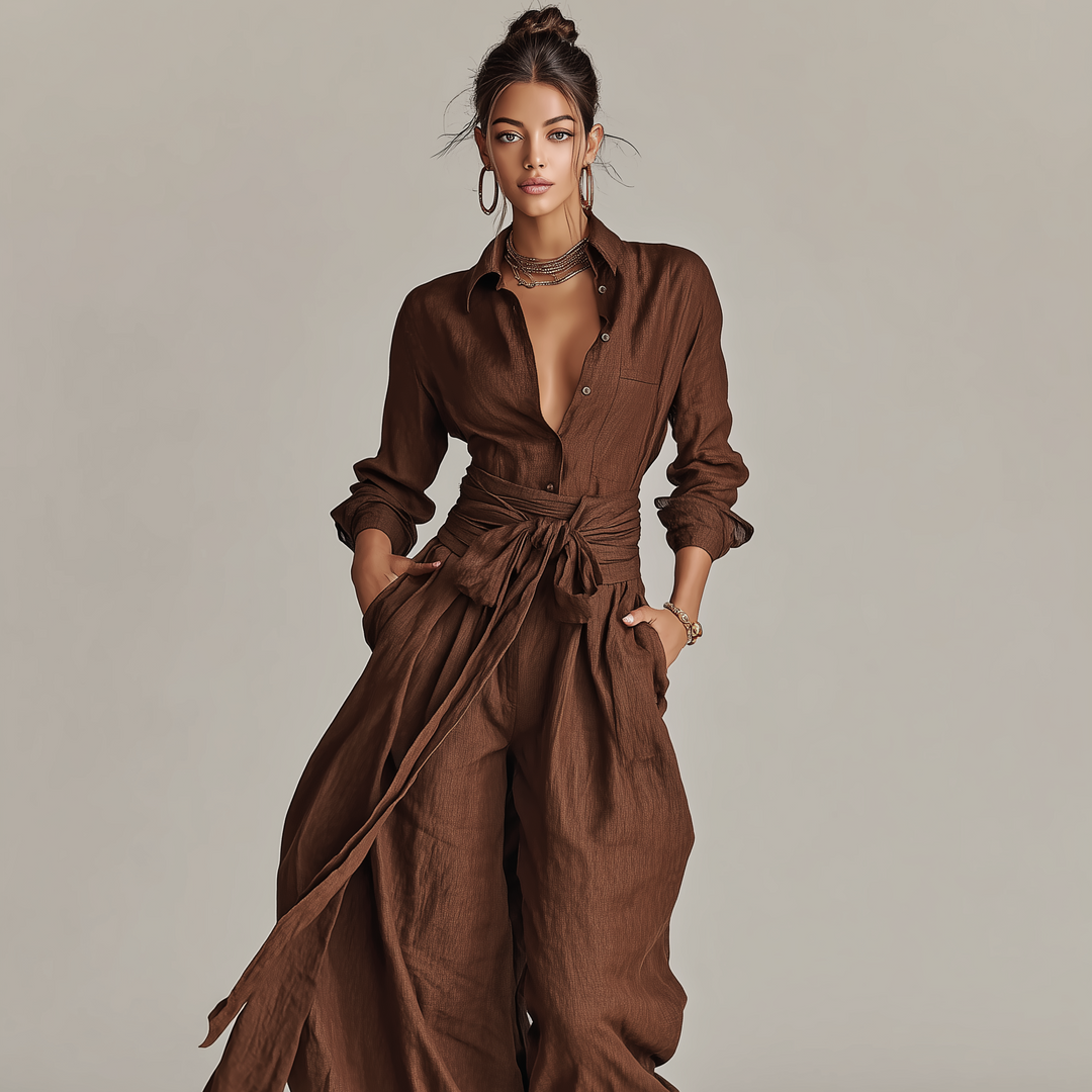 Damen-Jumpsuit aus Leinenmischung mit Gürtel und Hemdkragen