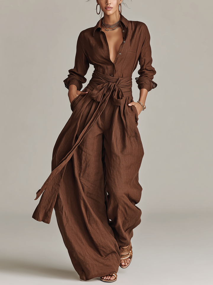 Damen-Jumpsuit aus Leinenmischung mit Gürtel und Hemdkragen