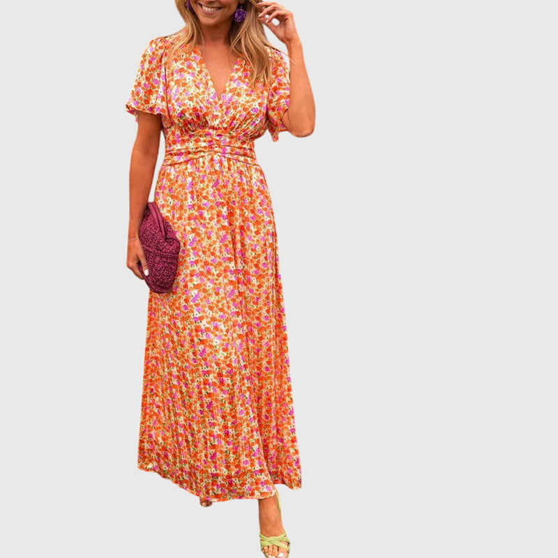 Regine | Damen Maxikleid mit Blumenmuster und Kurzärmeln