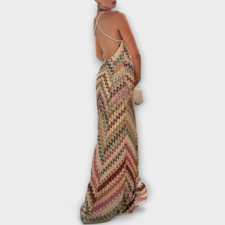 Buntes Fischgrätmuster Maxikleid – Strickkleid für Damen