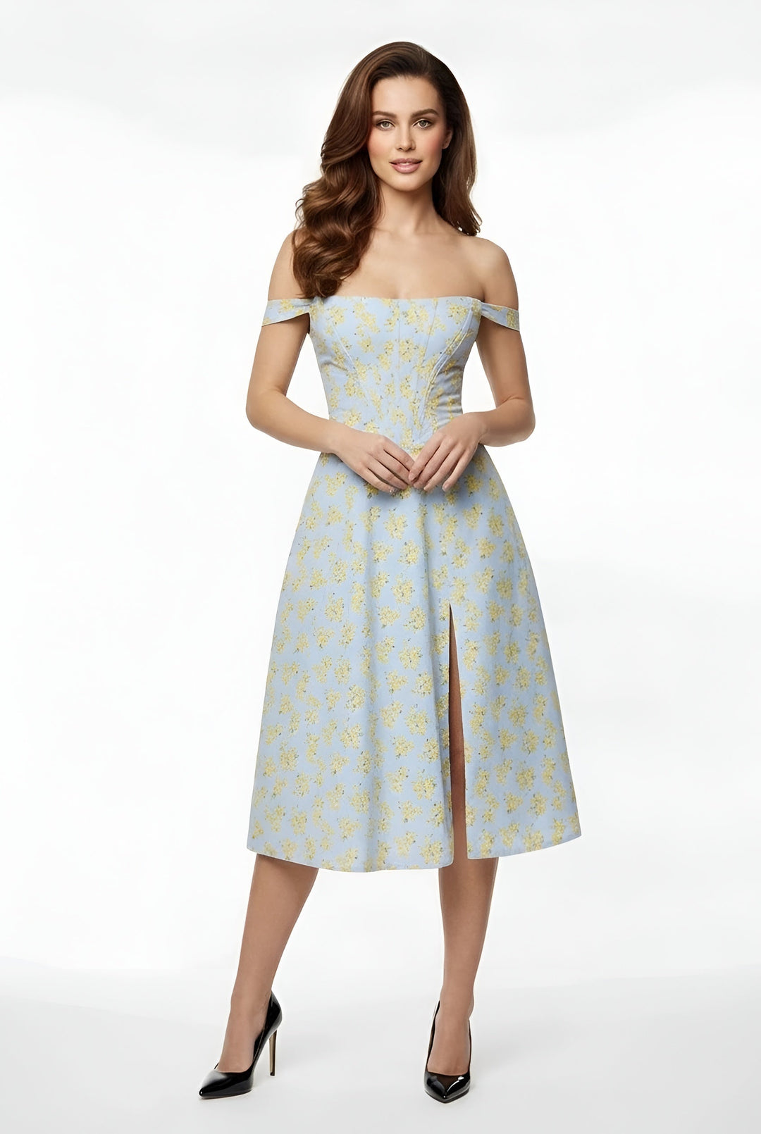 Franziska – Elegant off shoulder party dress midi with slit for Women - Image 1