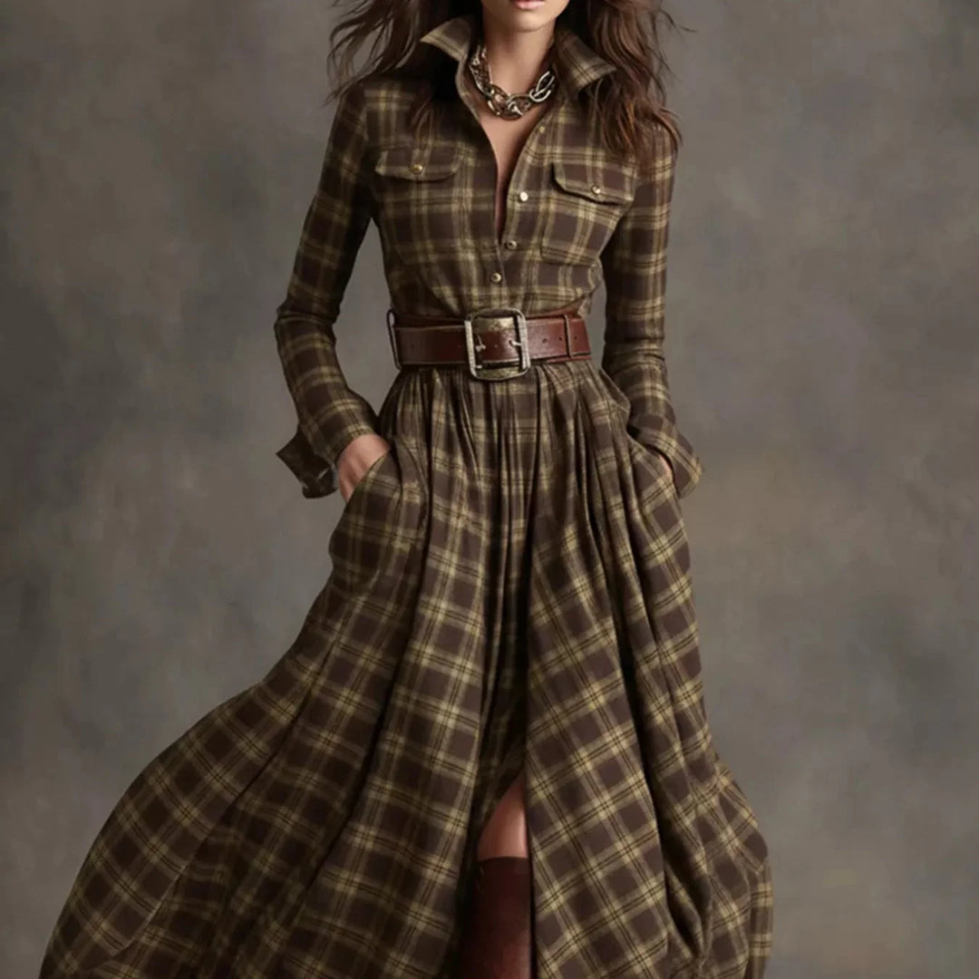 Damen-Maxikleid im Karomuster mit Knopfleiste