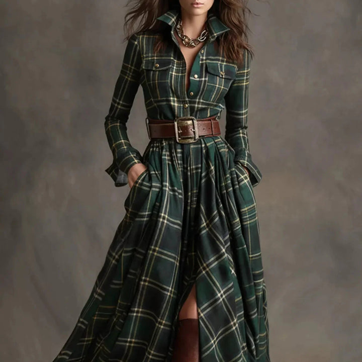 Damen-Maxikleid im Karomuster mit Knopfleiste