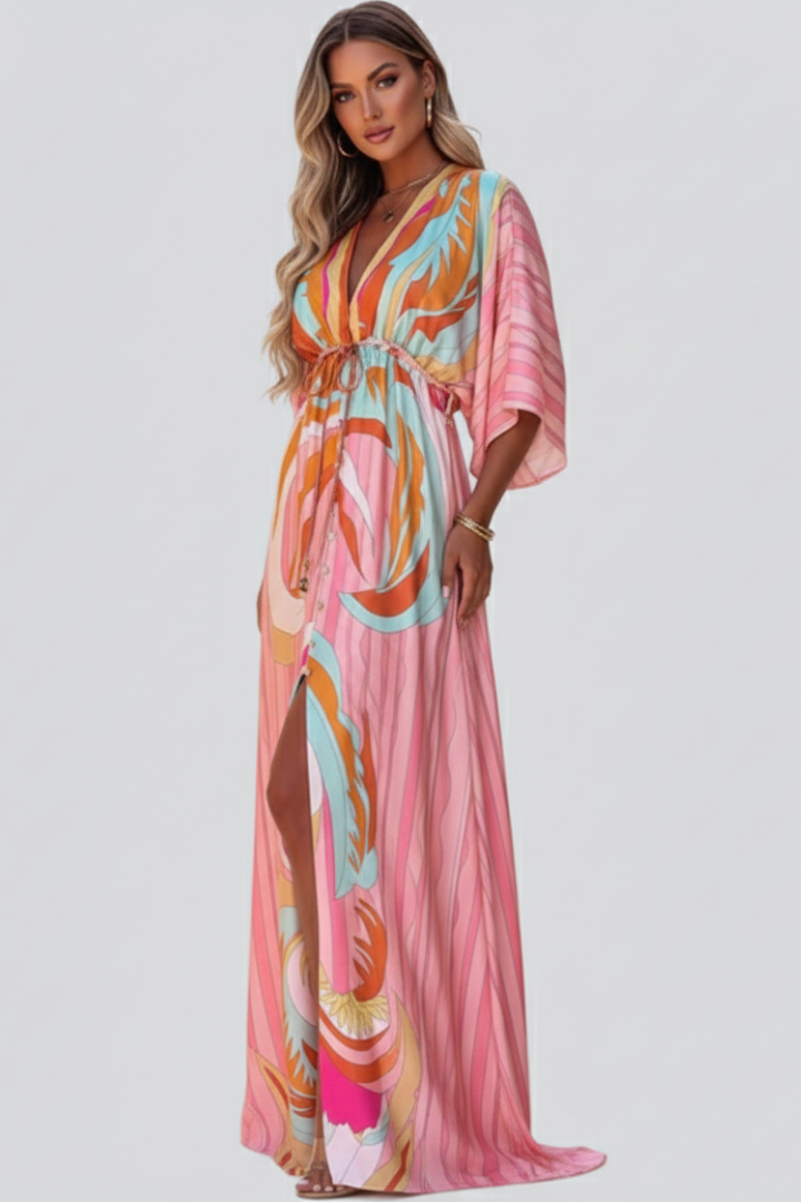 Karin | Damen Maxikleid mit V-Ausschnitt und Gürtel in der Taille
